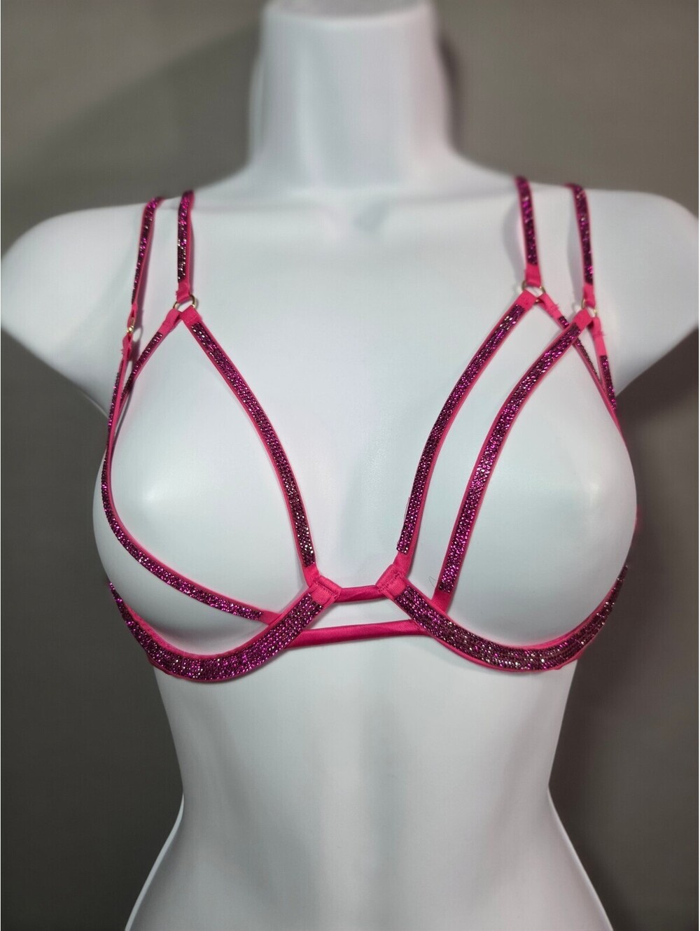 Victoria's Secret Very Sexy XS Hot Pink Rhinestone Open Cup Strappy Cage Bra